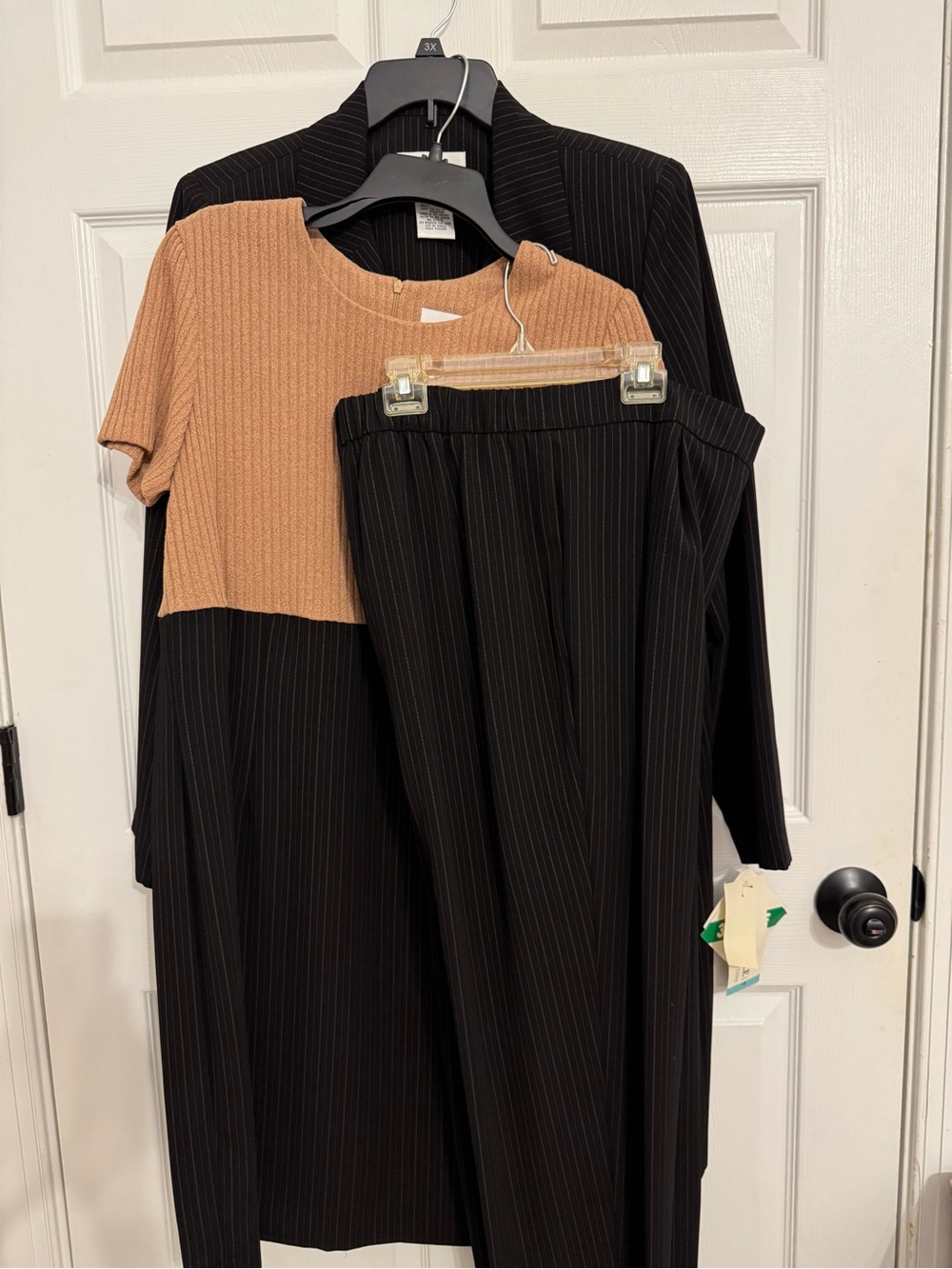 Nicole THREE PIECE SETPinstripe Midi Dress , pants and long blazer Black and Tan